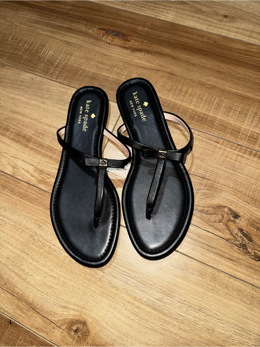kate spade Black Leather T-Strap Slide Sandals with Gold Accent